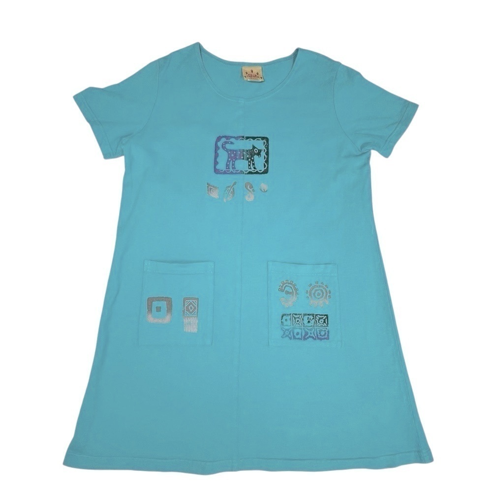 VTG BLUE CACTUS Turquoise Short Sleeve Artsy Boho Cotton Dress Women's Size XL